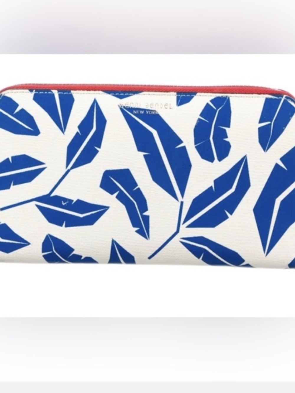 Henri Bendel Blue and White Leaf Zip Wallet with Red Zip Trim EUC
